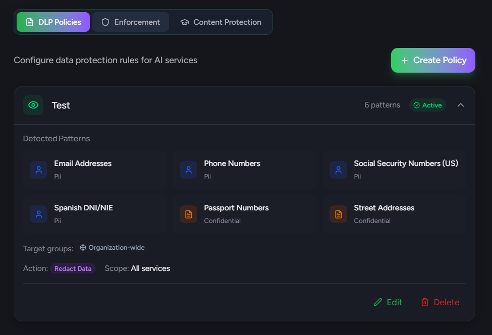 Privengy DLP Policies - Configure data protection rules with 20+ detection patterns