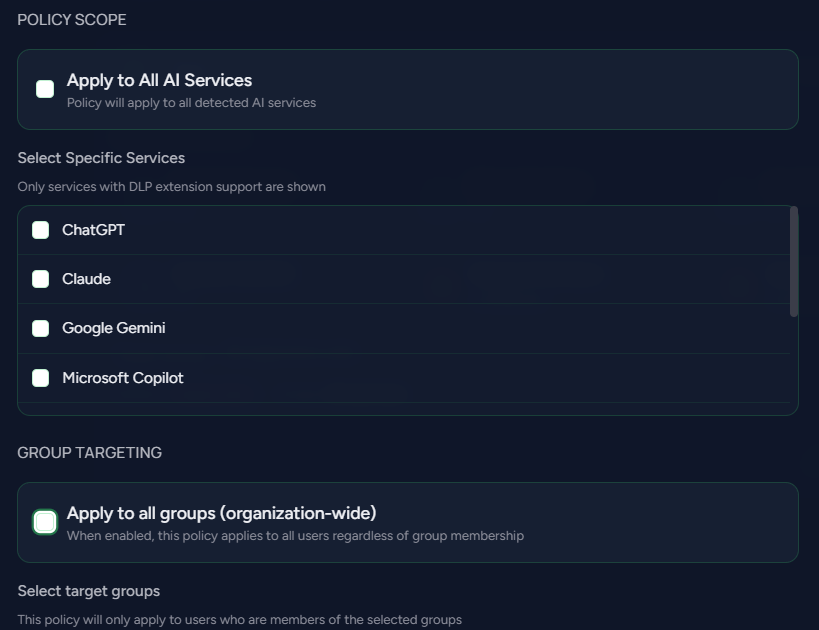 Privengy AI Governance - Policy Scope and Group Targeting for AI services