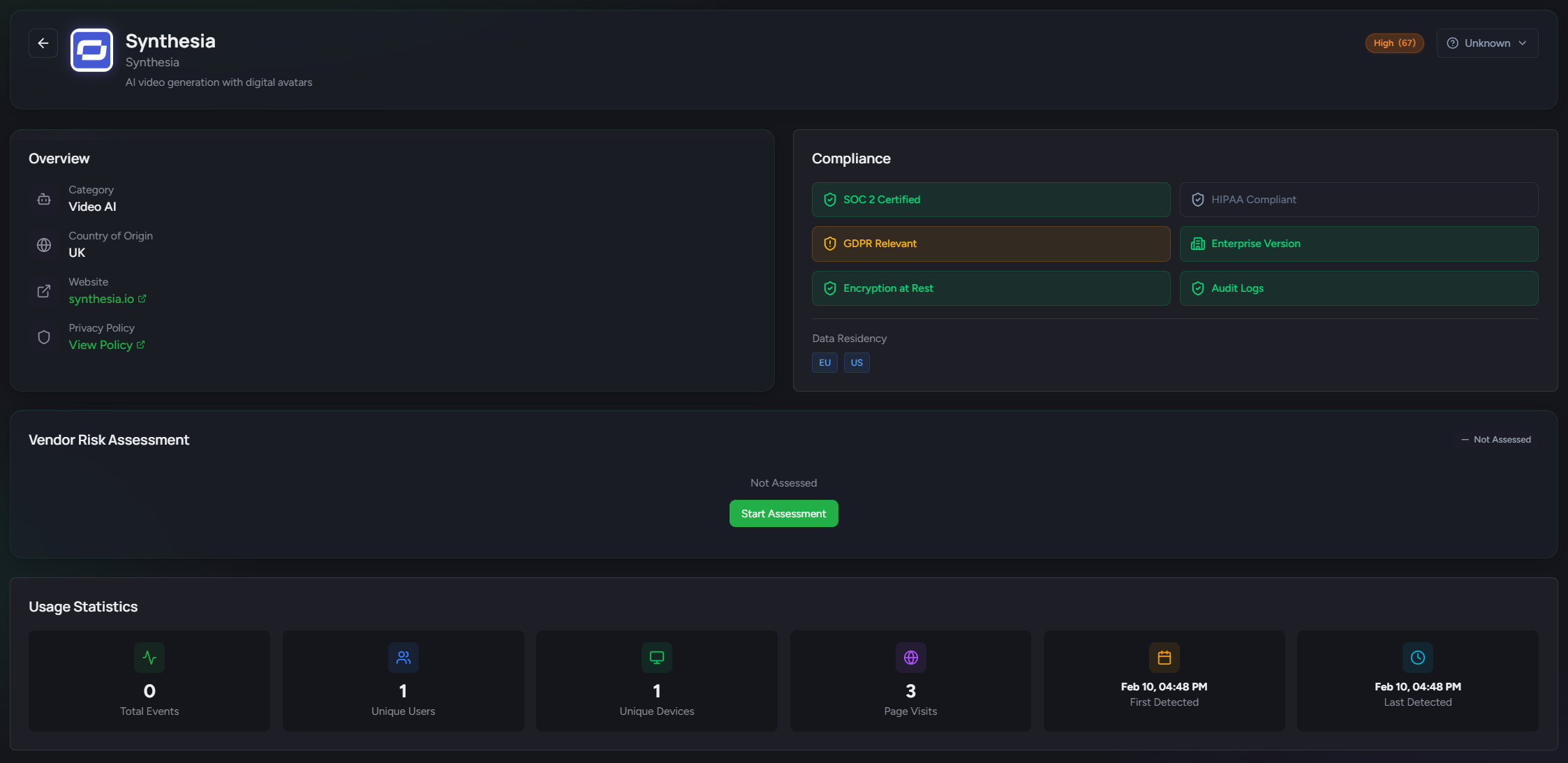 Privengy AI Service Detail - Compliance, Vendor Risk Assessment, Usage Statistics